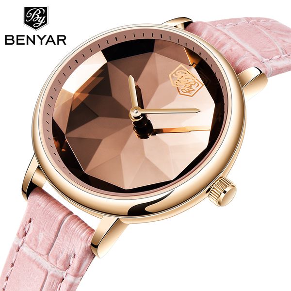 

benyar women watch brand fashion luxury quartz ladies watches girl dress clock crystal leather montre femme 2019, Slivery;brown