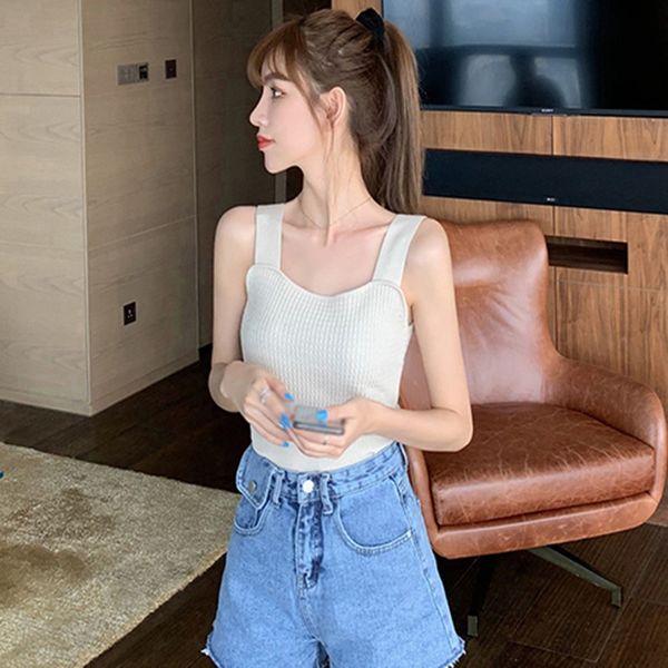 

women's square collar & tees solid sleeveless pullover knitted crop tank tanks & camis women's clothing, White