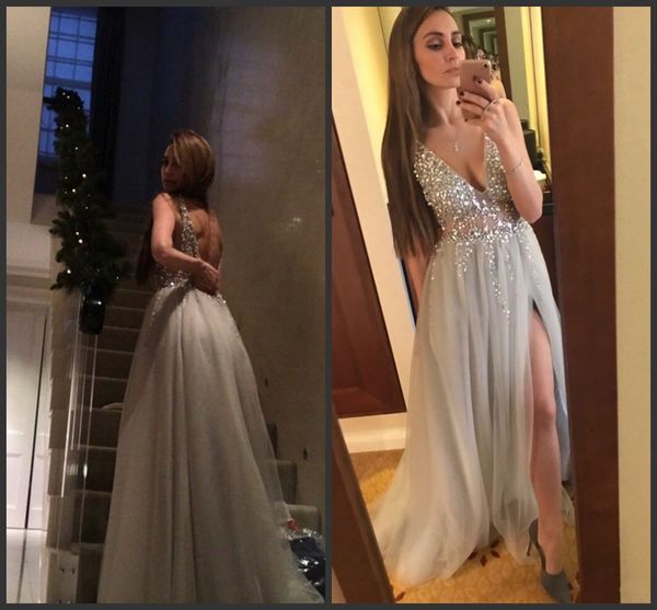 

2019 new plunging v neck gary prom dresses sequins beaded a line illusion tulle long party evening gowns open back robe de soriee, Black