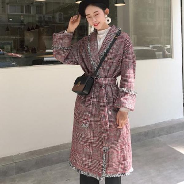 

vintage woolen trench coat plaid tassel autumn winter turn-down collar long style overcoat with belt long casaco feminino lj65, Black