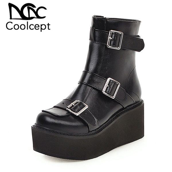 

coolcept plus size 33-46 women ankle boots gothic metal buckle chunky heels shoes women winter warm fashion platform boots, Black