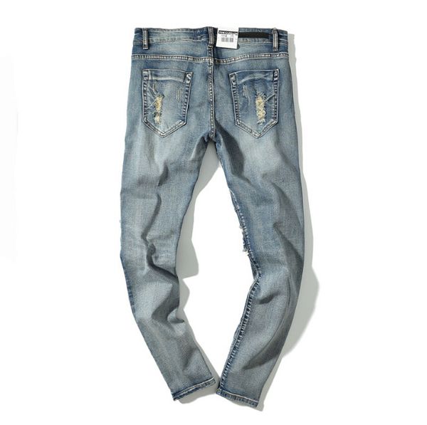 

fashion-high street men ripped slim fit jeans west knee cuts distressed long pants vintage light blue trousers