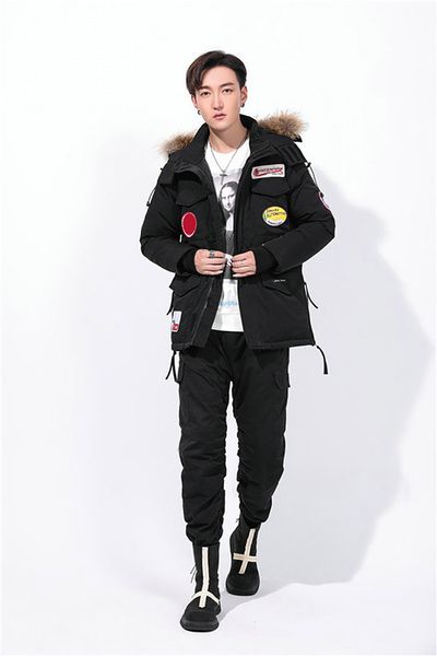 

goose down mens winter jacket fur collar winter coat fashion logo printing brand down jacket canada new special offer parka, Black