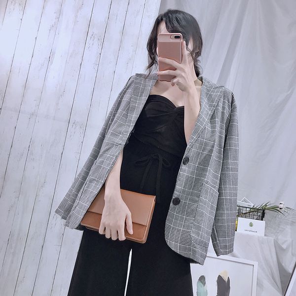 

vintage women plaid blazer with pockets loose notched two buttons blazers outerwear office lady casual retro jacket coat, White;black