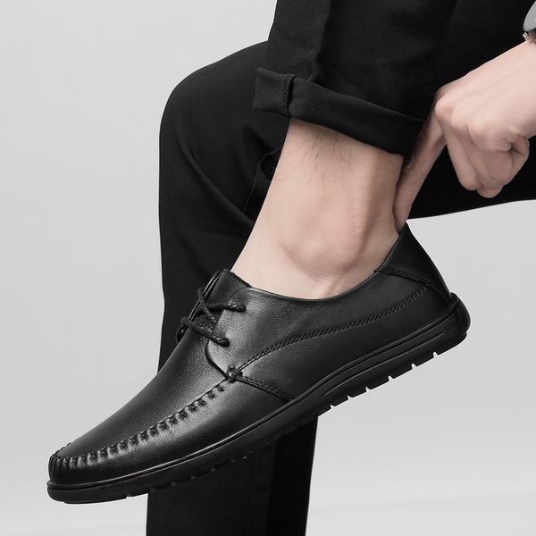 

classic comfortable lace up oxfords men casual genuine leather shoes men flats handmade driving shoes moccasins, Black
