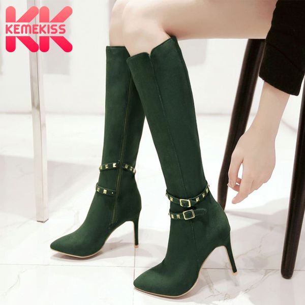 

kemekiss knee high boots women fashion rivets metal buckle casual zipper pointed toe high heel shoes women keep warm size 31-43, Black