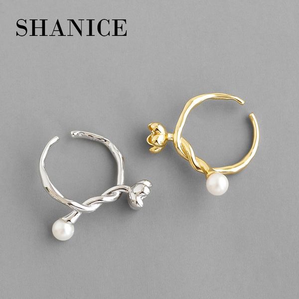 

shanice 100% 925 sterling silver open ring refers to ins simple temperament flower micro inlaid shell pearl adjustable gift, Golden;silver
