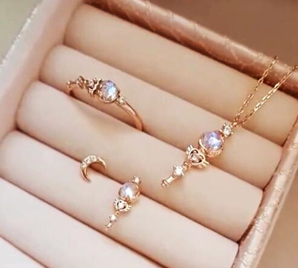 

anime sailor moon chibi s925 silver chains necklace moonstone rose gold pendant necklaces stud earrings ring jewelry set gift