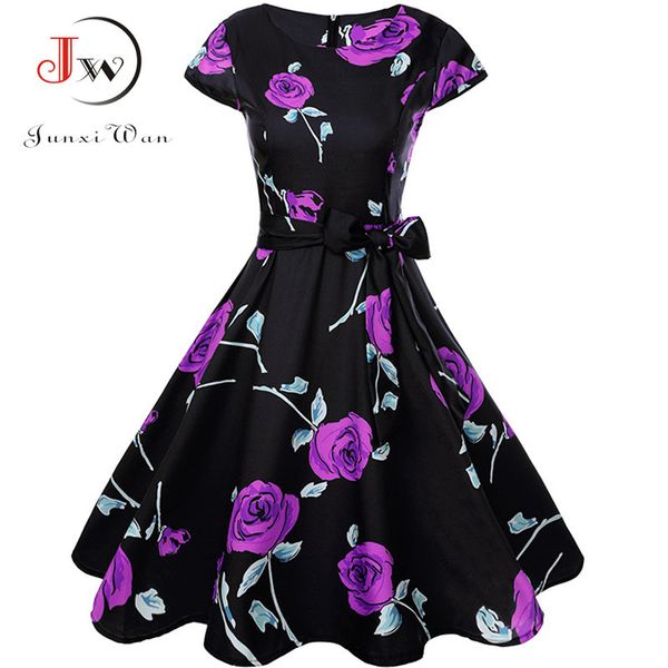 

print summer dress women floral cap sleeve vintage dress with belt elegant robe rockabilly party dresses sundress plus size, Black;pink