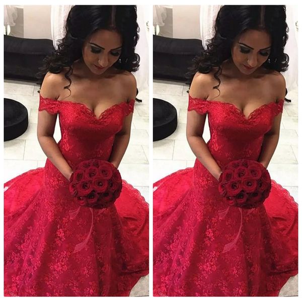 

off shoulder lace mermaid wedding dresses 2020 formal slim red custom bridal gowns long vestidos de mariee simple garden, White