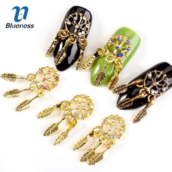 

blueness 10pcs/lot dream catcher design retro metal 3d nails art decorations rhinestones studs for manciure nail accessories, Silver;gold
