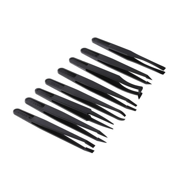 

8pcs/set black anti-static electronic esd forceps pcb repair hand tools set clip applicator plastic tweezers kit
