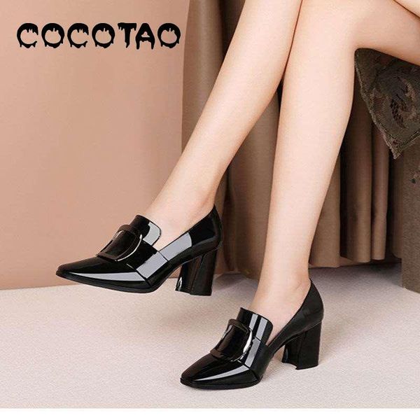 

the new patent leather shoes female 2019 spring thick with square head deep mouth with female leather shoes in the shoes30, Black