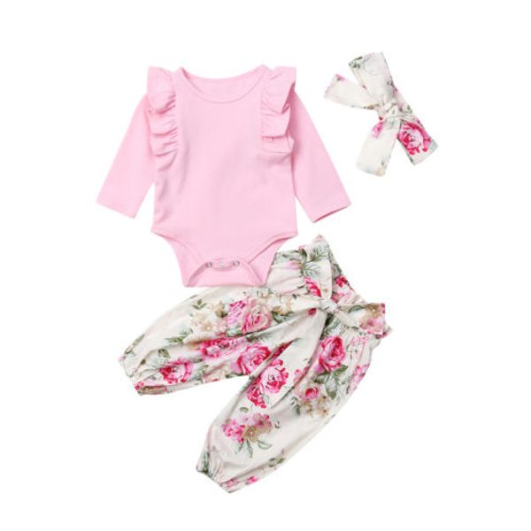

autumn toddler baby girl romper floral pants headband outfits set clothes, White