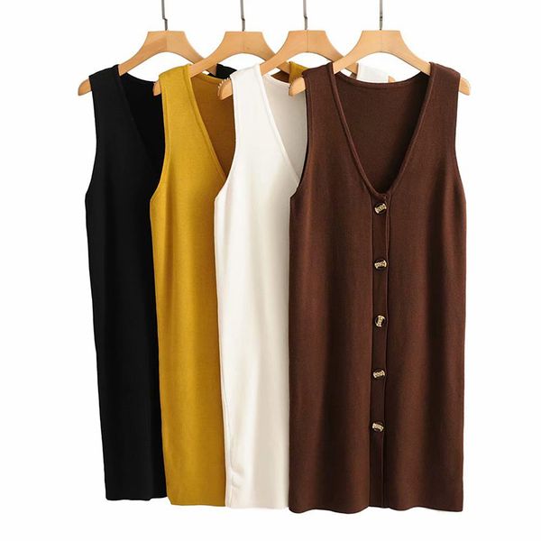 

корейские случайные женщины 2019 осенью и зимой новый сплошной цвет v-образный вырез однобортный вязать жилет платье; осенние и зимние плать, Black;gray