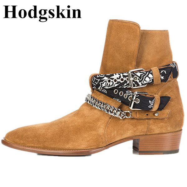 

handmade leather metal chains buckle strap men ankle boots suede casual boots luxury fashion man shoes large size 47, Black