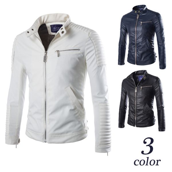 

spring and autumn new special craft design men's stylish motorcycle stand collar leather jacket street bike riding white leather