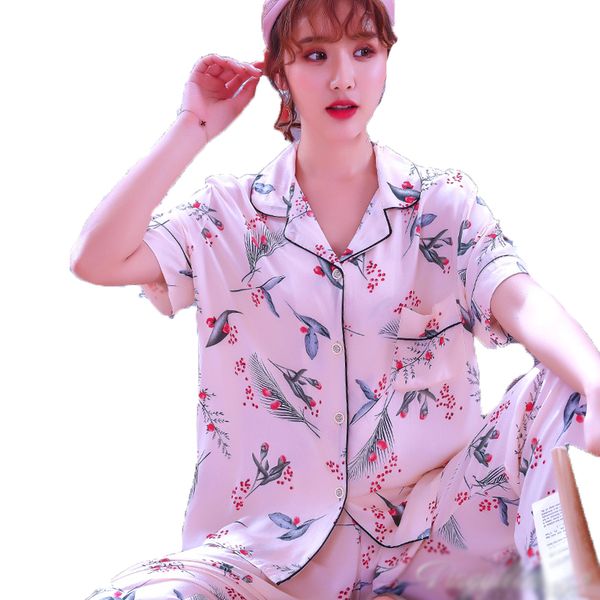 

women pajamas set summer thin cartoon printed long sleeve full trousers two piece cute sleepwear casual homewear female pyjamas, Black;red