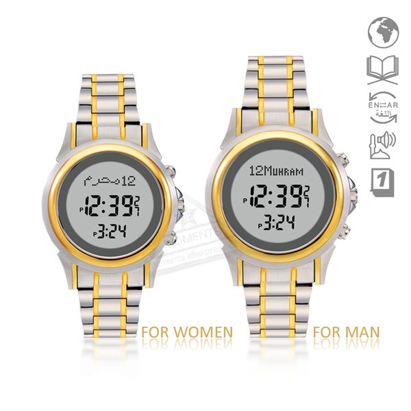 

stainless steel waterproof muslim lover watch 27mm for lady 30mm man athan watch with quran bookmark adhan clock leather box, Slivery;brown