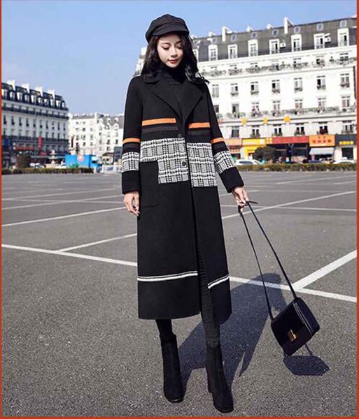 

2019 новый осенне-зимнего женского большого размера длинного шерстяного пальто женщина сшивание хита цвет ломаное колено вяжет шерстяные пал, Black