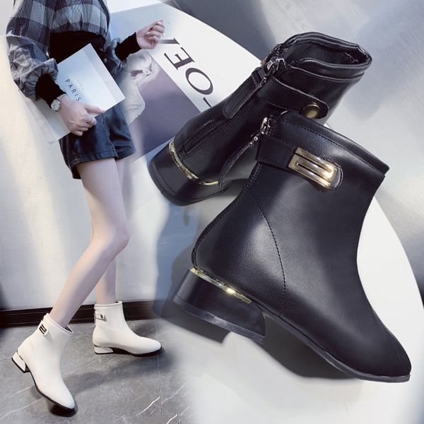 

white mid-calf boots shoes booties woman 2019 high heels boots-women zipper low padded rubber stiletto mid calf ladies leather m, Black