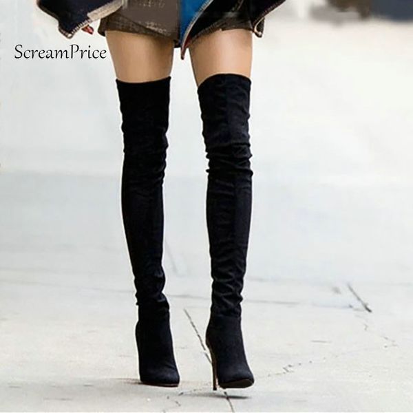 

stretch suede women thigh stiletto over the knee pointed toe high heels long boots red black gray beige d08