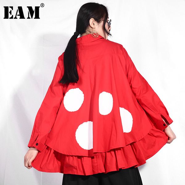 

eam] 2020 new spring summer fashion white lapel long sleeve single breasted dot printed loose big size blouse shirt women qc5