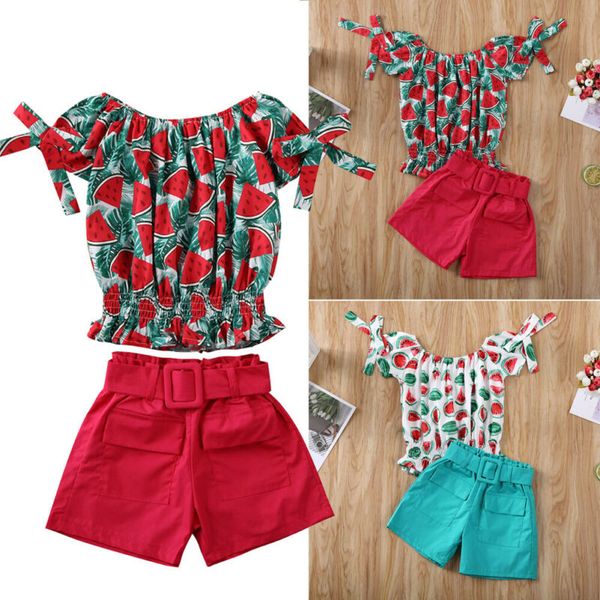 

1-7 года дети девочки летней одежда набор малыши baby girl отдых арбуз печать обрезанный лучший лук шорты девушка outfit set, White