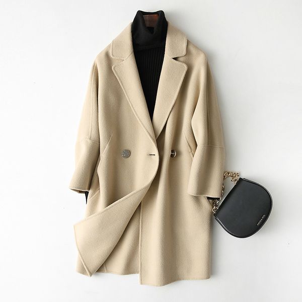 

new spring 2020 double-sided wool coat women woolen coats casual winter female jacket slim medium long outerwear 88102 en s, Black