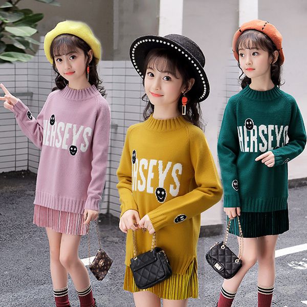 

smiling face sweater autumn and winter new child girl long knitting garment, Blue