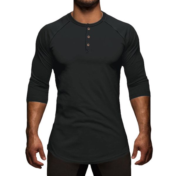 Mens Sólido Três Quater Camiseta Henley Collar Streetwear elegante Camiseta Básica Moda Trend Swag Camisetas Macho roupas Tops Tee S-XL