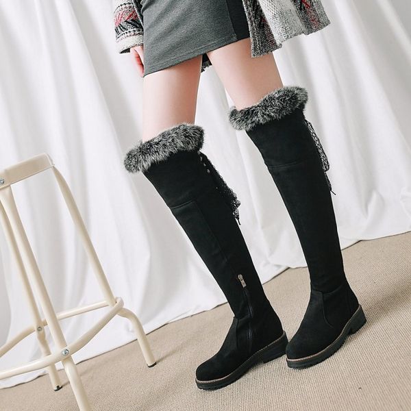 

pxelena 2018 winter thigh high boots women flock faux fur square med heels riding over the knee boots lady shoes black 34-43