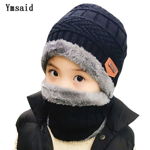 

2pcs ski hat child scarf warm winter hats for boys girls knitted hat thicken fleece lining bonnet skullies beanies