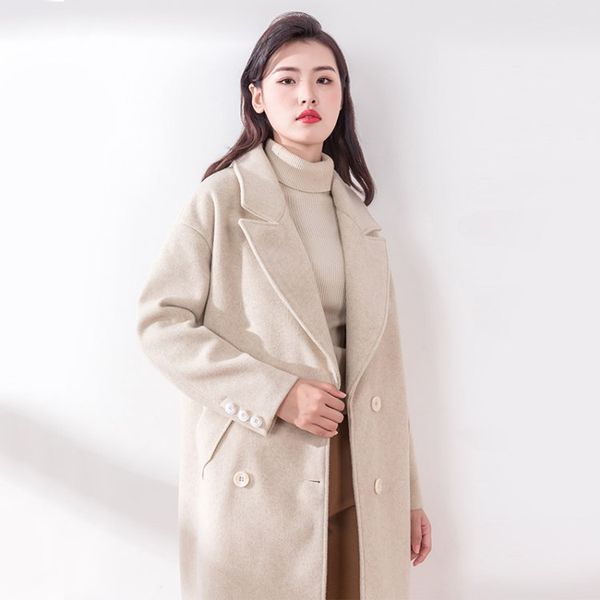 

office lady solid women long woolen coat turn-down collar women's jacket double breasted cashmere coat and jacket, Black