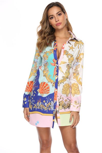 

Digital Printed Female Skirt Dress Women Lapel Neck panelled Dresses Sexy Ladies Holidays Dresses with Single Button