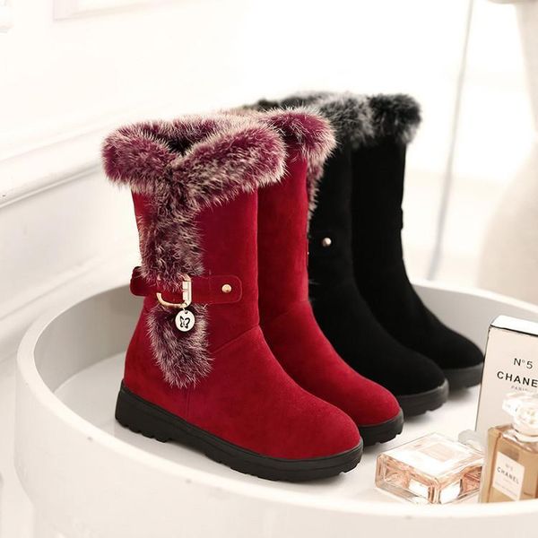 

women's winter boots short tube scrubs cow suede fashion metal buckle warm short plush edge russian cotton shoes snow boots, Black