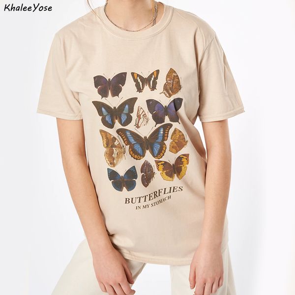 

khalee yose butterfly printed tshirt 2020 summer graphic tee хлопок женщины винтаж с коротким рукавом футболка женский праздничный топ женск, White
