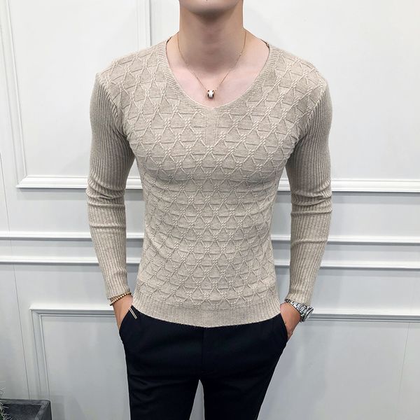 

brand men sweater fashion 2019 autumn winter v neck casual knitted sweaters for men long sleeve slim fit streetwear pull homme, White;black