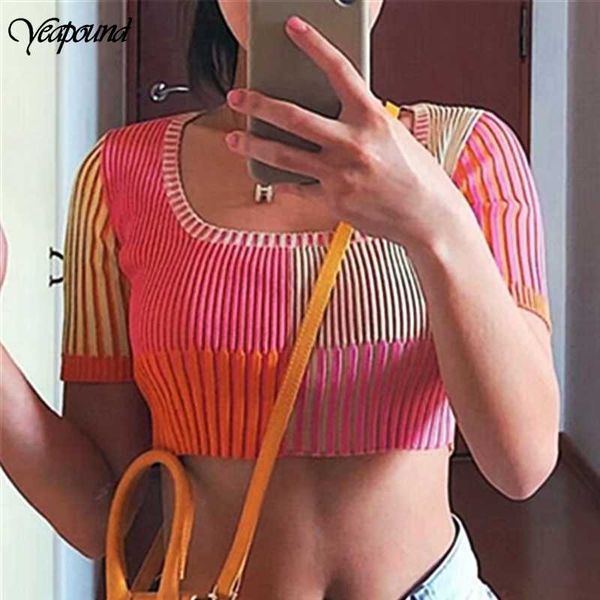 

women's t-shirt fashion womens short sleeve ribbed jumper striped rainbow o-neck casual camiseta feminina, White