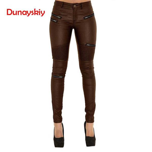

2019 new women coated jeans brown spliced multi fake zipper low waist pencil pants skinny stretched jeans faux pu leather, Blue