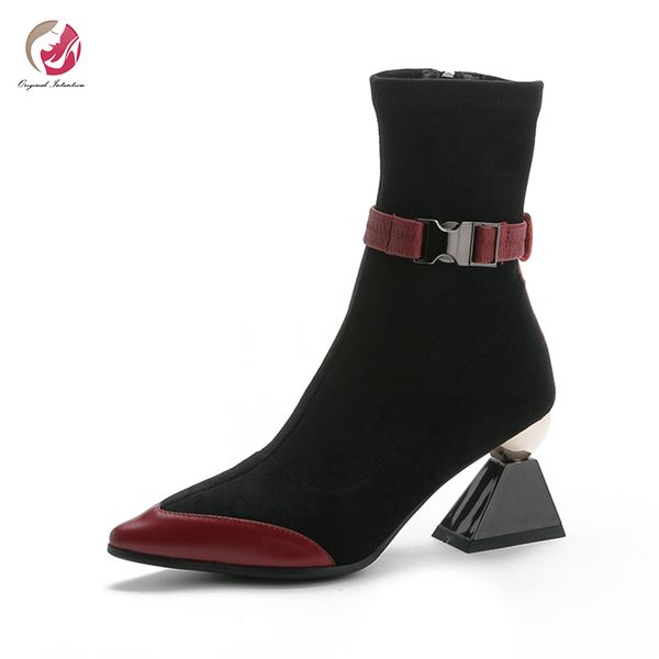 

original intention popular new mixed color ankle boots woman red black pointed toe genuine leather boots shoes