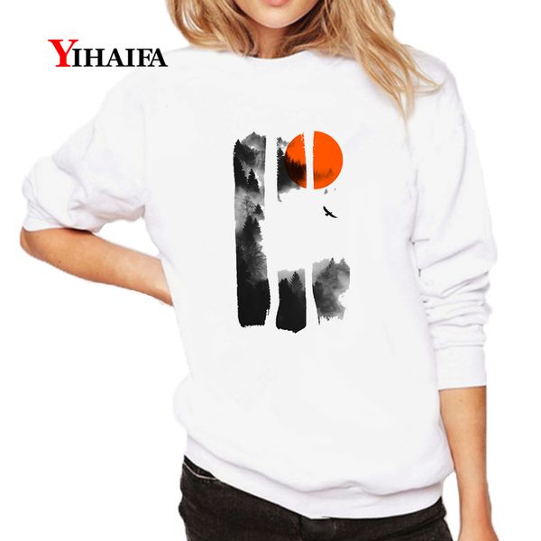 

fashion women sweatshirt colorful forest sun painted tree 3d print hoodie graphics pullover casual tracksuit long sleeve, Black