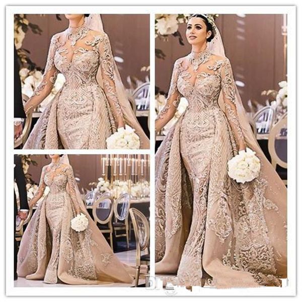 

luxurious elegant mermaid wedding dresses with detachable train 2019 new champagne long sleeve lace bridal gowns robe de mariÃ©e, White