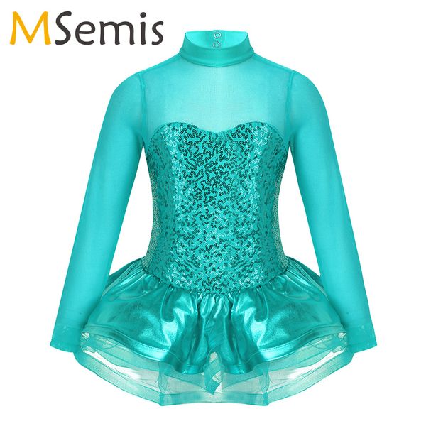 

stage wear girls shiny sequins long sleeves tulle splice keyhole back figure ice skating roller ballet dance leotard tutu dress, Black;red