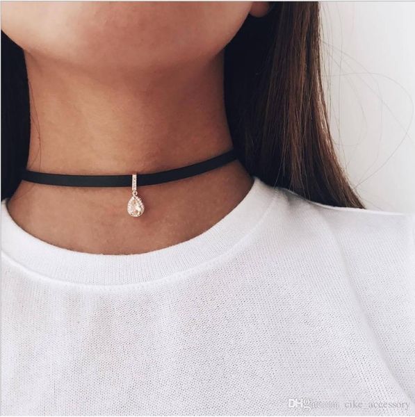 

2019 fashion necklace water-drop with imitation diamond accessory gold plated black pu leather belt choker woman gift, Golden;silver