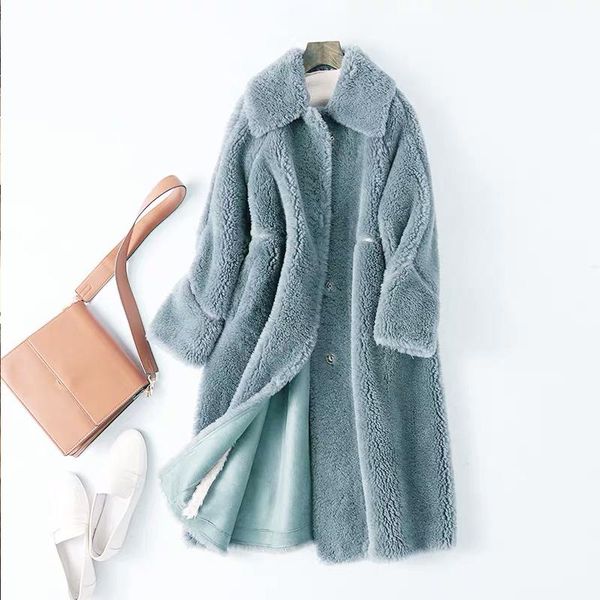 

women winter plush warm real fur coat female natural lamb fur wool blends coat soft real sheep shearing suede jacket k297, Black