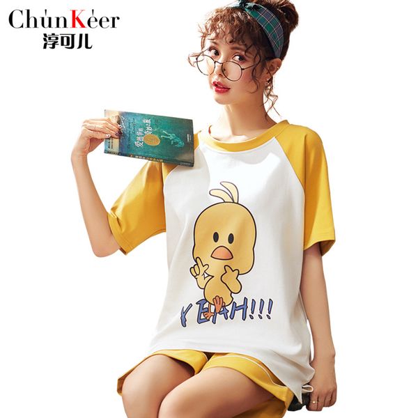 

women summer pullover t shirt + shorts pajamas sets thin round neck duck print soft & comfortable homeware sleepware femme, Blue;gray