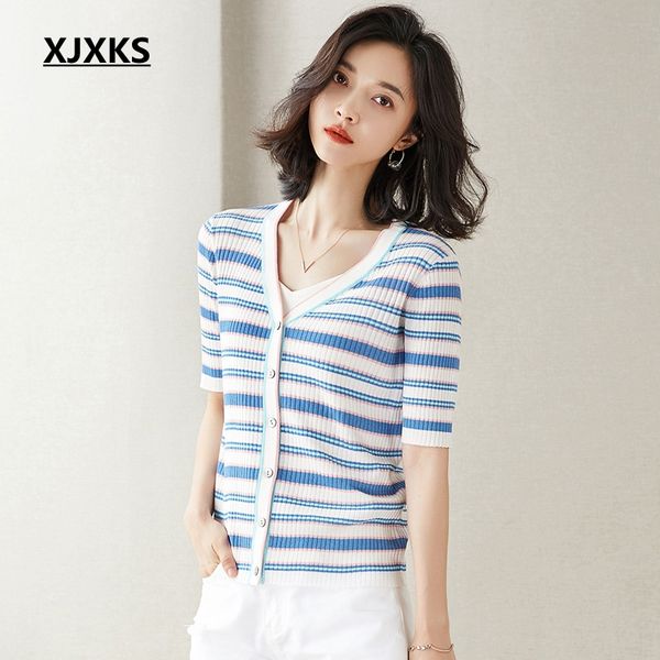 

xjxks knitted women 2020 summer button tight rib-knitted t-shirt dropshipping tees striped casual female tshirt, White