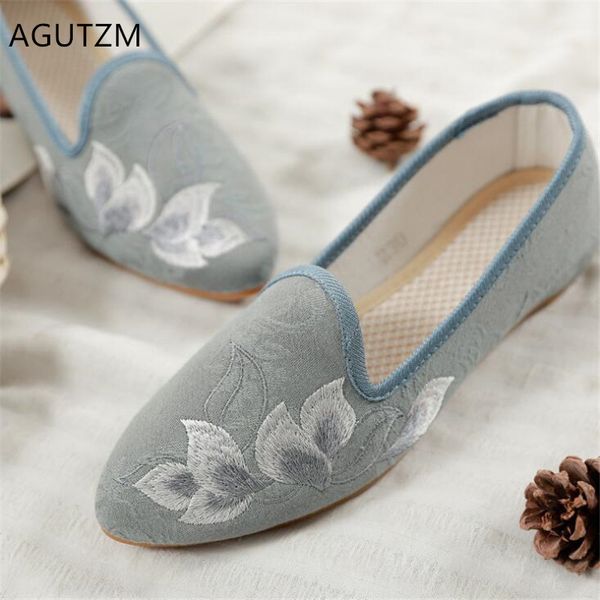 

agutzm woman shoes 2019 chinese style hanfu embroidered chinese ink lotus flower pointed cloth shoes women's casual flats a62, Black