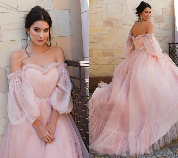 2020 Vestido A-Line New Boho casamento Rosa apliques Puff mangas vestido de noiva branco do casamento do laço Top Vestido de frete grátis 2019